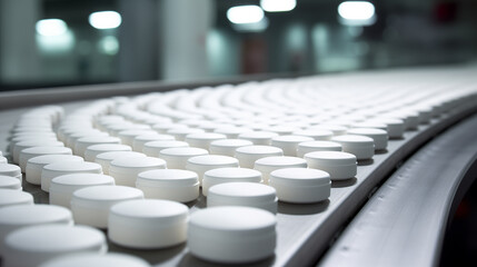 Obraz premium White pills on a conveyor belt in a pharmaceutical factory.
