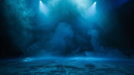 Dark Stage with Neon Lights and Spotlights, Featuring Dark Blue Background and Smoke on Concrete Floor. Perfect for Product Display in Studio Setting