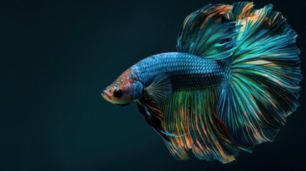 Fototapeta premium A brightly colored Betta fish, known for its flowing fins and aggressive nature, isolated against a dark background