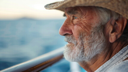 Profile of an Elderly Man in a Straw Hat Gazing at the Ocean