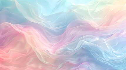 Obraz premium A soft pastel rainbow gradient background with swirling wavy lines, creating an ethereal and dreamy atmosphere. The colors range from light pink to sky blue.
