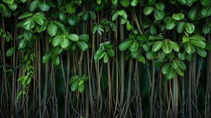 Wall covered with green leaves of banyan trees