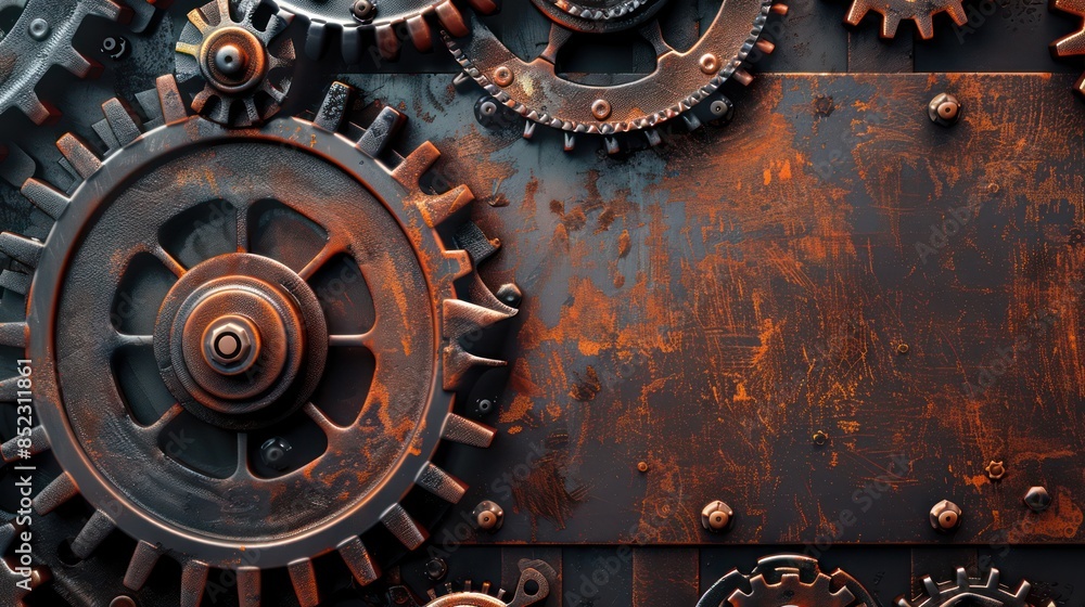 Poster an array of rusty mechanical gears and cogs tightly assembled on a weathered metal surface, depictin