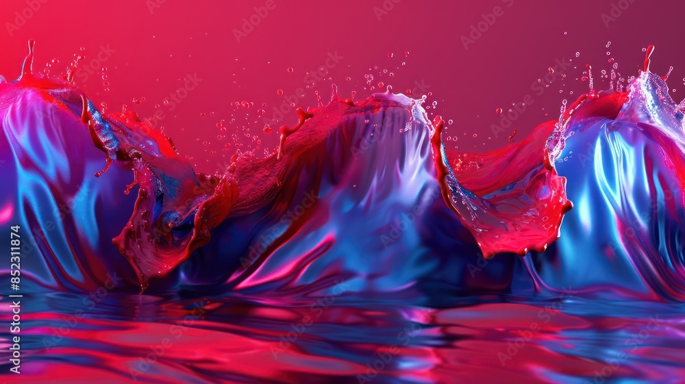 Poster vibrant red and blue liquid waves with splash effects creating an abstract and dynamic art piece on 