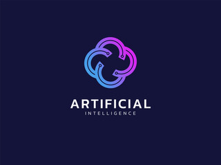 Artificial intelligence with Link Connector Circles network Technology Analysis twisted infinity logo vector design concept. AI technology logotype symbol for advance technology, tech company, ui, web