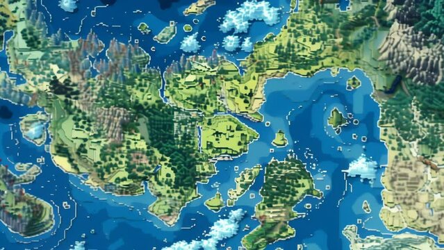 A detailed fantasy world map showcasing diverse landscapes, including mountains, forests, rivers, and oceans. The vibrant colors and intricate details create an immersive and imaginative setting. 