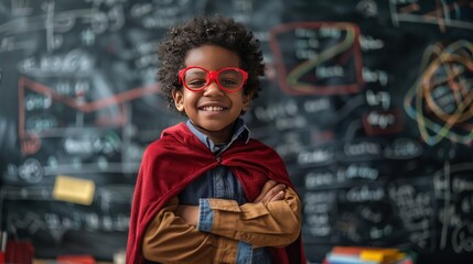 Super hero kid with red cape and glasses.