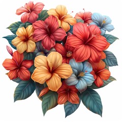 Obraz premium Vibrant tropical hibiscus flowers in red, orange, and blue hues surrounded by lush green leaves. Perfect for summer and floral themes.