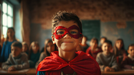 Mexican Young boy wearing superhero costume in the classroom.