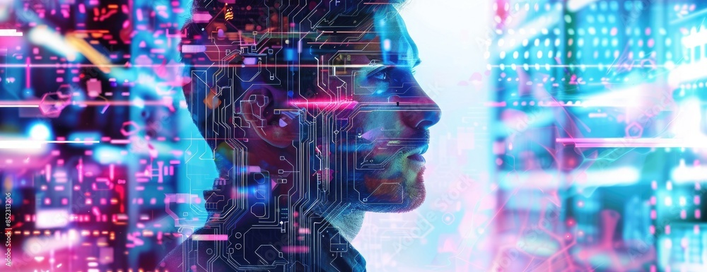 Poster the image shows a man with a glowing head. the man is looking to the right of the frame. his face is