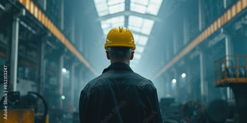 Poster smart civil engineer with safety helmet looking at production line while standing in front of factor