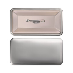 Mock Up. Silver rectangular bage pin brooch. Realistic illustration isolated on white background.