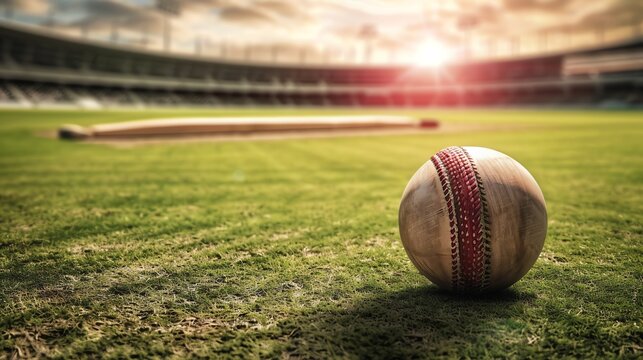 A cricket ball sits on a lush green field with a cricket bat in the background. The stadium is empty and the sun is setting.