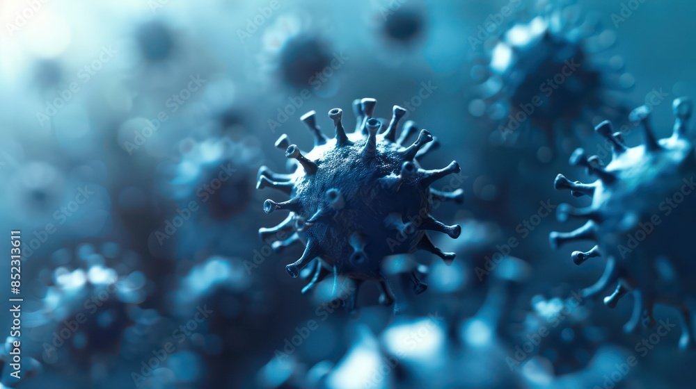 Poster close-up of multiple virus cells with prominent spikes, depicted with a blue color palette and a sha