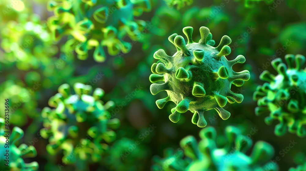 Poster a high-quality 3d rendering of a virus, possibly representing a health theme the virus is depicted w