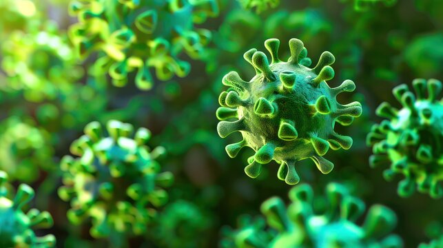 A high-quality 3D rendering of a virus, possibly representing a health theme The virus is depicted with surface spikes