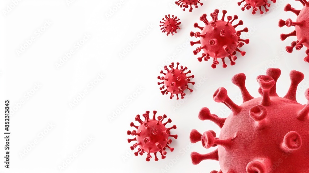 Poster a high-resolution 3d rendering of virus particles on a white background, depicting concepts of infec