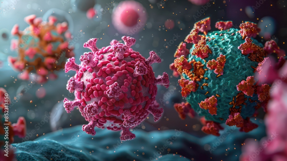 Poster 3d rendering of various virus particles with a focus on surface structures