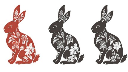 Obraz premium Lunar oriental rabbits. New chinese year of rabbit floral bunny silhouette