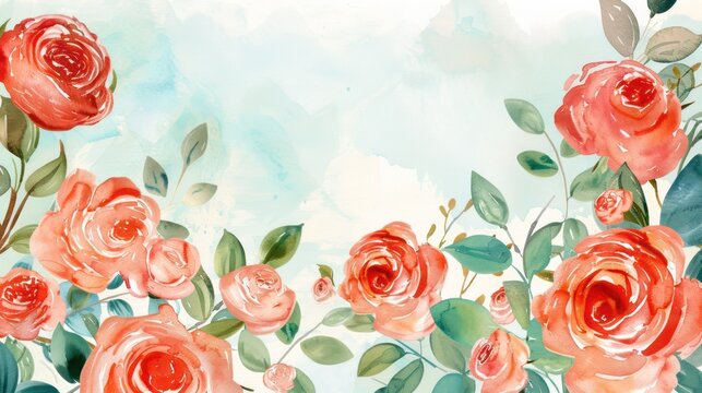 Hand-painted watercolor illustration featuring beautiful roses with leaves on a pastel background, ideal for wedding designs