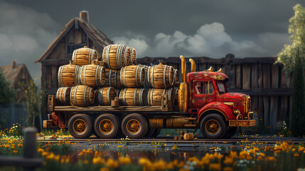 Vintage truck loaded with beer barrels, set against a rustic background, symbolizing brewing and transport.