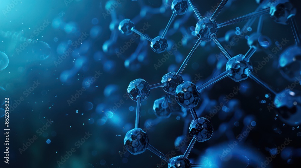 Poster detailed 3d rendering of a molecular structure with a blue background depicting scientific concepts 