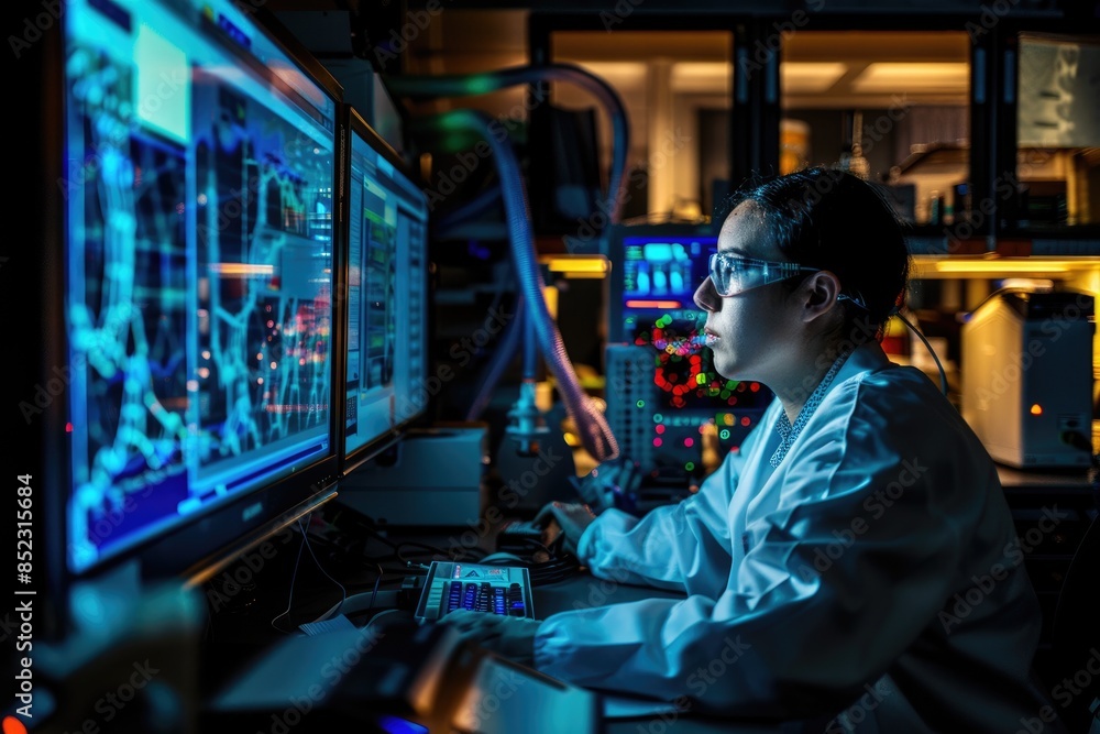 Aufkleber in a hightech laboratory, a scientist is deeply engrossed in analyzing intricate data on numerous co