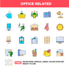Essential Office Related Simple Vector Line Icons. Contains such Icons as Business Meeting, Workplace, Office Building, Reception Desk and more. Free 48x48 Pixel Ready To Use.