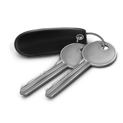 Mock Up. Two silver keys for the door with black keychain. Top view. Illustration isolated on white background.