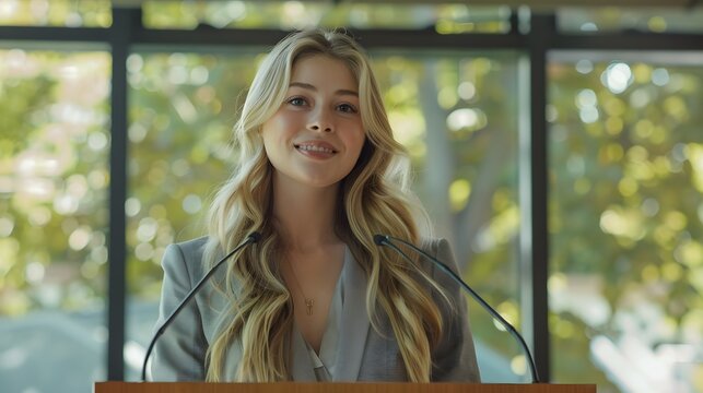 A female blonde model with long hair standing behind a podium at a university, smiling and speaking into a microphone on stage in front of students, wearing a light grey blazer.