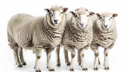 Fototapeta premium Three sheep standing isolated against a clean white backdrop