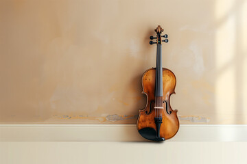 Beautiful classic violin music instrument leaning on light brown concrete wall. Generative AI