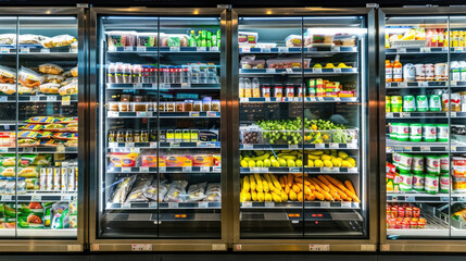 Freezer Shelves Stocked with Frozen Meat and Packed Lunch Boxes