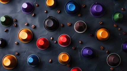 Colorful coffee pods displayed against a dark backdrop