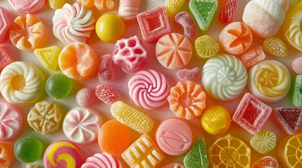 Papier peint photo  Colorful candy background, closeup of sweet and colorful candies, featuring various colors such as pink, orange, green, yellow, white, etc.  © horizon