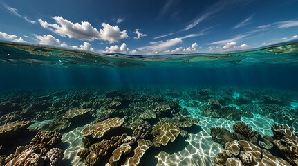 Underwater View of a Tropical Coral Reef With Sunbeams