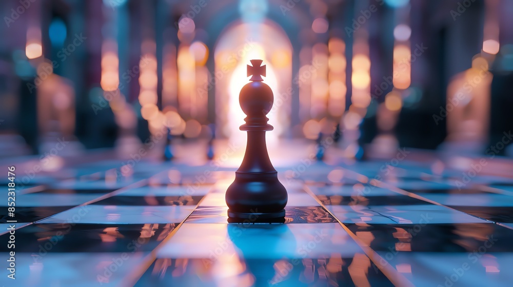 Poster 3d rendering of a chessboard with a single black pawn in the center. the pawn is in focus, while the