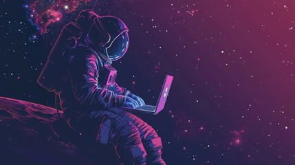 Naklejka premium Astronaut floating in space while working on laptop, banner with copy space available.