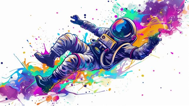 Astronaut floating in zero gravity with vibrant liquid explosions behind