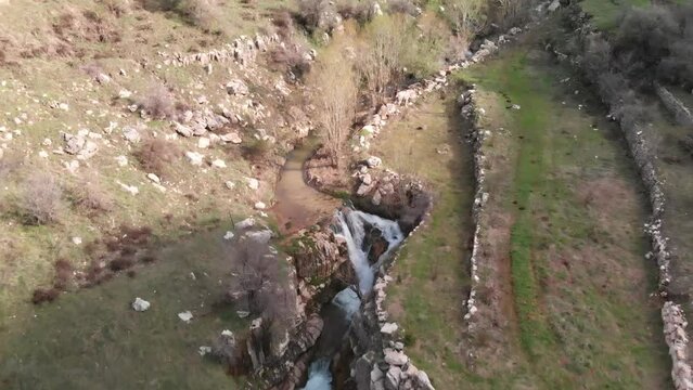 Drone shots of Balou Balaa waterfall above the Lebanese mountains.