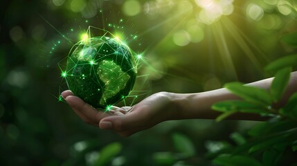 Hand holding green planet with leaves and technology network connection for environment protection concept, sustainable development , focus on hand with blurred background of nature forest.