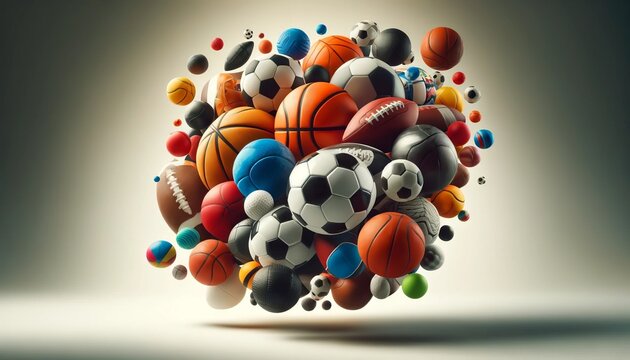 Diverse collection of sports balls arranged in a dynamic composition