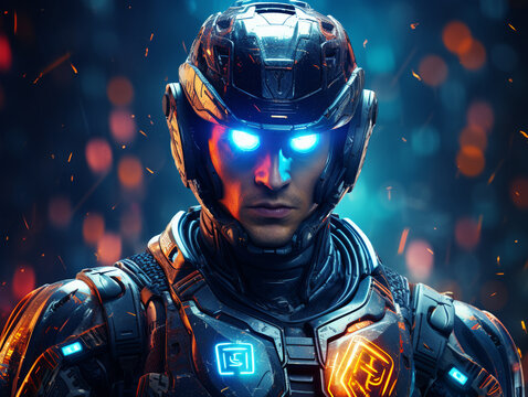 High-tech soccer game, robot referee with holographic displays, bright neon lighting, cyberpunk, digital painting, detailed and modern