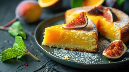 Homemade mango cake with fig and orange on plate