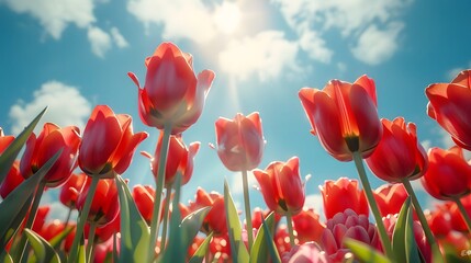 Naklejka premium Red tulips in the sun, sky background, low angle view, wide shot, bright colors.
