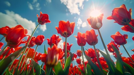 Obraz premium Red tulips in the sun, sky background, low angle view, wide shot, bright colors.