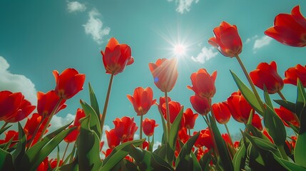 Fototapeta premium Red tulips in the sun, sky background, low angle view, wide shot, bright colors.