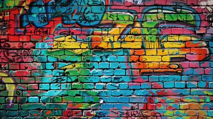 Colorful graffiti and drawings on a brick wall in an urban setting.