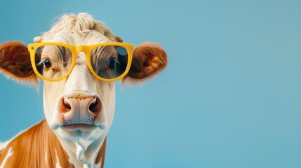 Cow wearing sunglasses on blue background with empty space