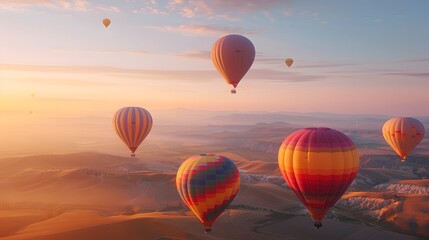 Fototapeta premium Hot Air Balloons Soaring Over a Misty Landscape at Sunrise